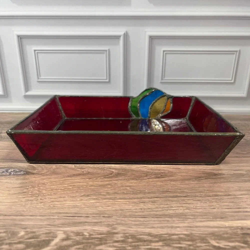 Stained Glass Vanity Catch Tray Red Art Deco Floral Catchall Dish